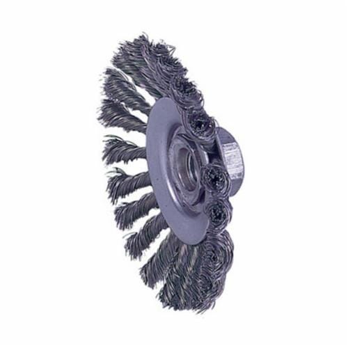 Weiler® 13476 Bevel Wheel Brush With Nut, 4-1/2 in Dia Brush, 3/8 in W Face, 0.02 in Dia Standard/Twist Knot Filament/Wire, 5/8-11 Arbor Hole